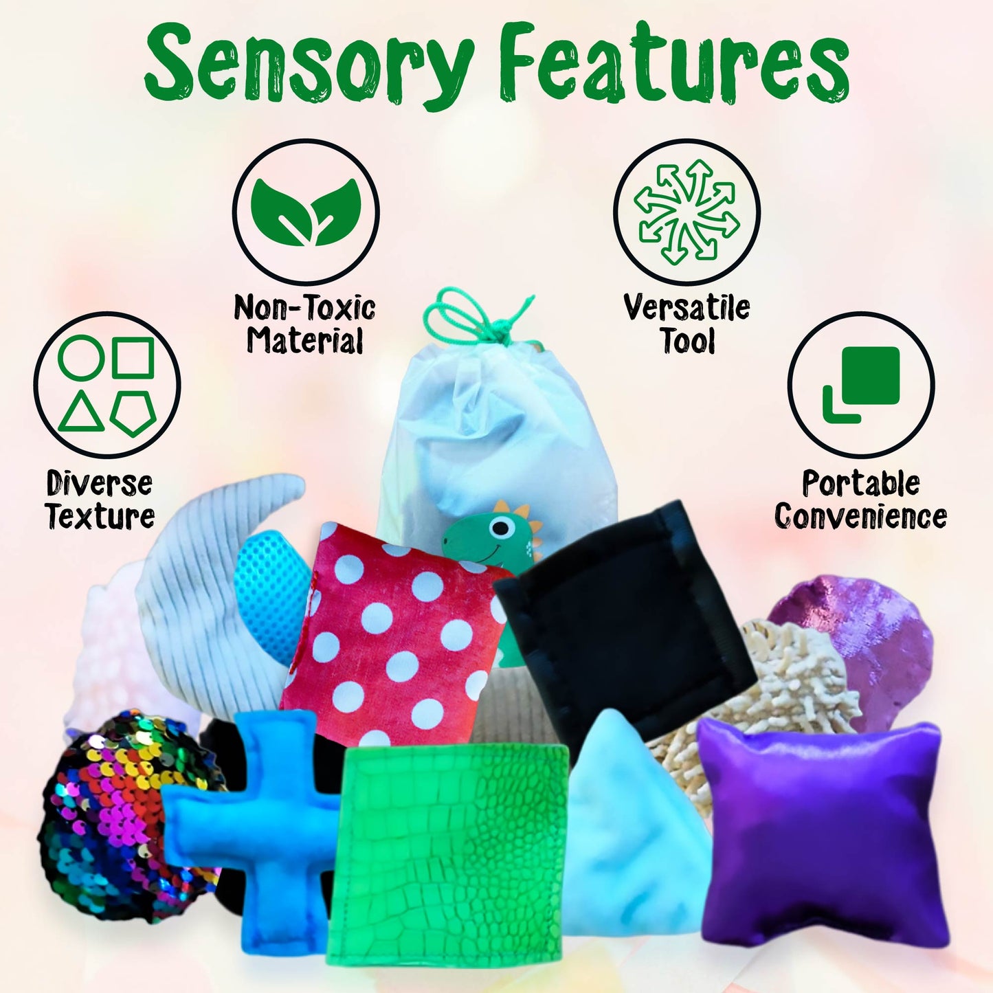 Sensory Tiles Bag - 20 Textured Kids Sensory Toys for Tactile Exploration, Fine Motor Skills - Montessori Learning Kit for Autism, ADHD, and Special Needs - Soft Touch Bean Bag Tiles