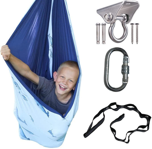 SENSORY4U Sensory Swing (Double Layered and Reversible Narwhal Print or Navy Blue Fabric) Indoor Therapy Swing Snuggle Cuddle Hammock Cacoon for Children with Autism ADHD and Aspergers