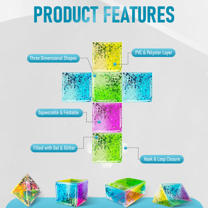 SENSORY4U 3D Shape Foldable Sensory Gel Tiles - 4 Shapes Plus 2 Maze Toys - Liquid Sensory Pad Tiles Building Shapes for Fine Motor Skills - Squishy Fidget Toys