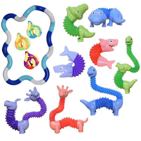 Animal Fidget Toys Bulk – Pack of 8 Pop Tubes Animal Toys and 4 Twist Chain Spinner Fidget Tubes – Cute and Attractive – Stress Relief Toys – Sensory Toys for Toddlers, Kids, and Adults