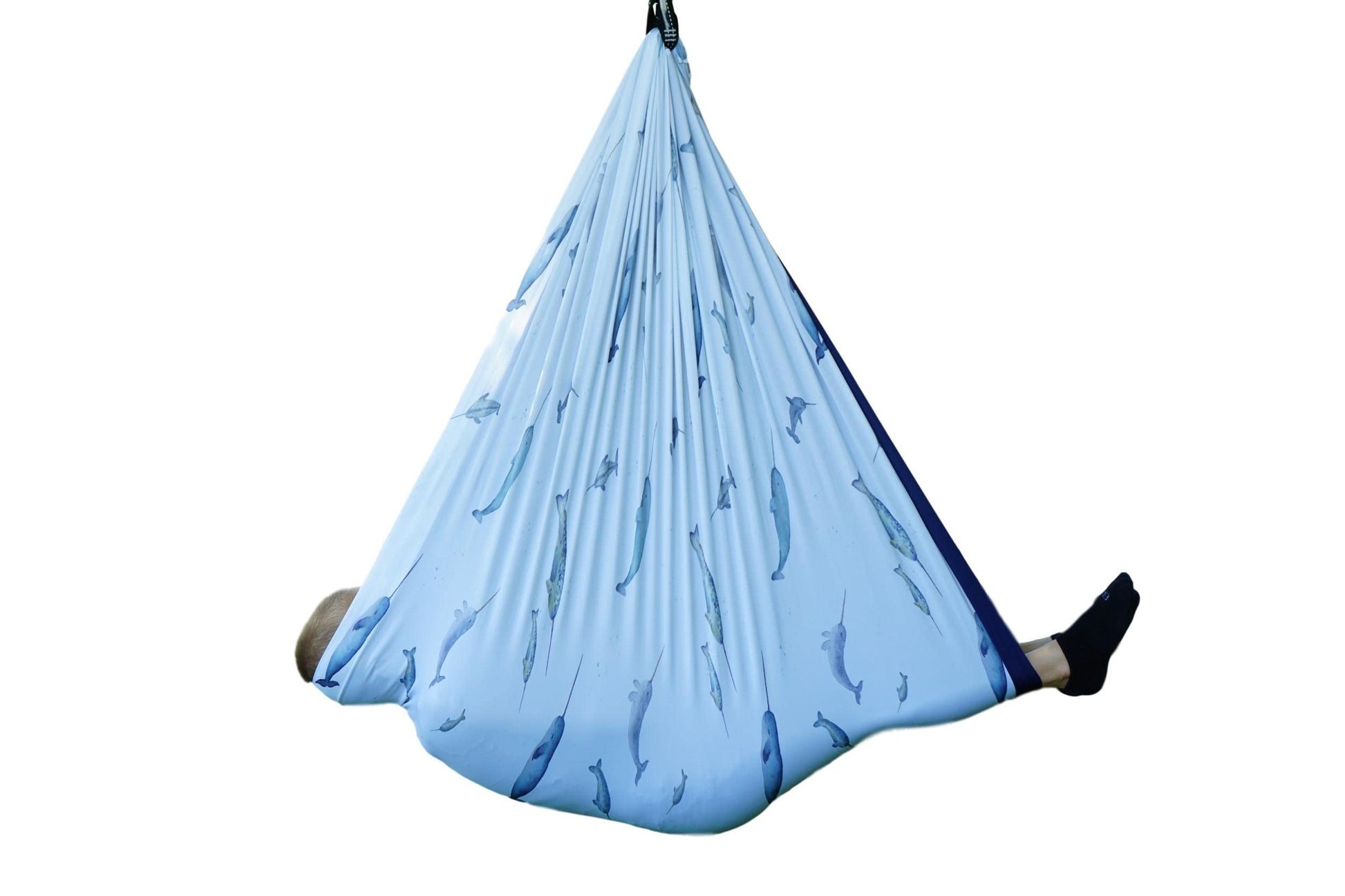 SENSORY4U Sensory Swing (Double Layered and Reversible Narwhal Print or Navy Blue Fabric) Indoor Therapy Swing Snuggle Cuddle Hammock Cacoon for Children with Autism ADHD and Aspergers