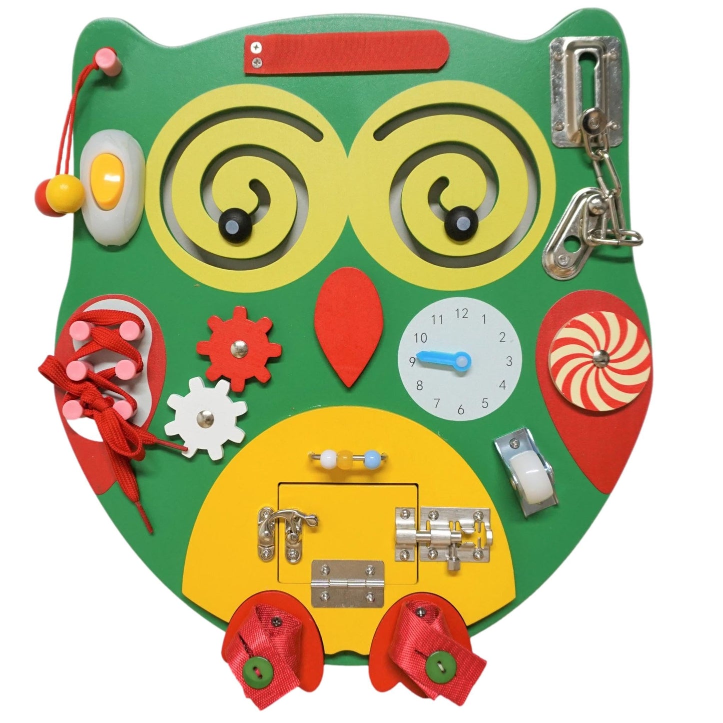 SENSORY4U Owl Sensory Wooden Activity Busy Board - Wood Montessori Experience - Quiet Play Latches Tying Spinning Buttoning