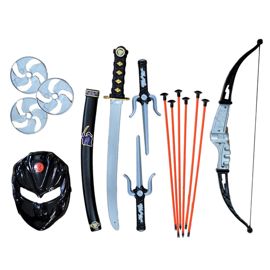 SENSORY4U Ninja Toy Accessories Kit 15 Piece Set Includes: Ninja Sword and Sheath, Plastic Knife, Throwing Stars and Bow and Arrow Set for Kids