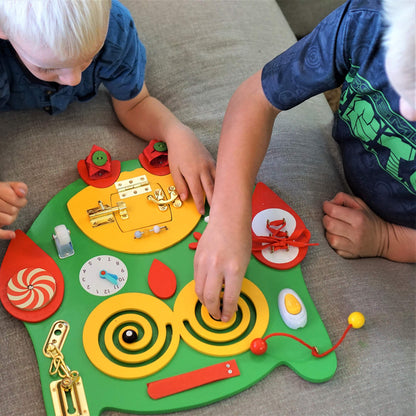 SENSORY4U Owl Sensory Wooden Activity Busy Board - Wood Montessori Experience - Quiet Play Latches Tying Spinning Buttoning