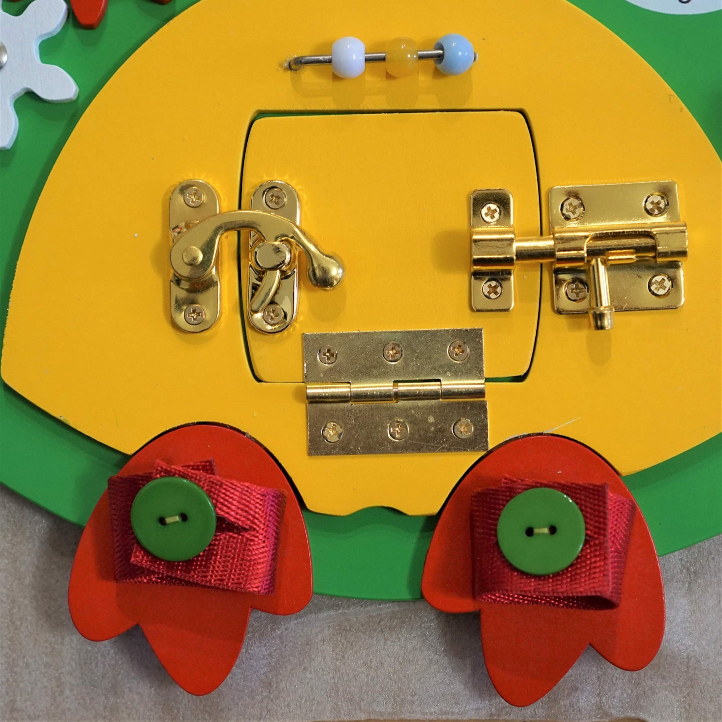 SENSORY4U Owl Sensory Wooden Activity Busy Board - Wood Montessori Experience - Quiet Play Latches Tying Spinning Buttoning