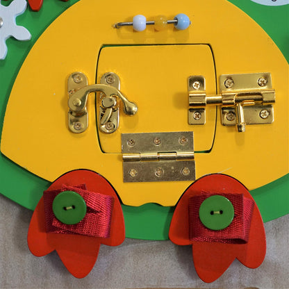 SENSORY4U Owl Sensory Wooden Activity Busy Board - Wood Montessori Experience - Quiet Play Latches Tying Spinning Buttoning